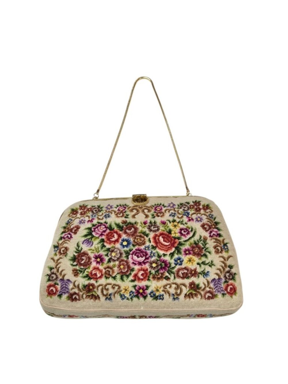 Vintage Petit Point Needlepoint Purse Floral Tapestry Slnky Strap Evening Bag